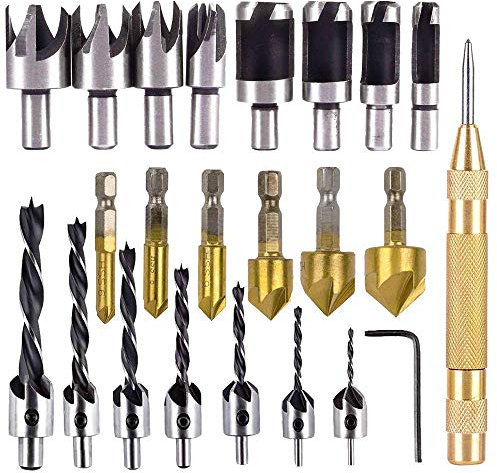 JHYM 23 Stück Holzverarbeitung Fasen Bohrwerkzeug mit L-Schlüssel, 8pcs Holz-Steck Cutter, Automatischer Körner, 6pcs Senker Bohrer, 7pcs Dreispitzsenker Bohrer
