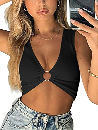 AEVZIV Sexy Crop Tops for Women Deep V Neck Ring Sleeveless Cute Tank Tops