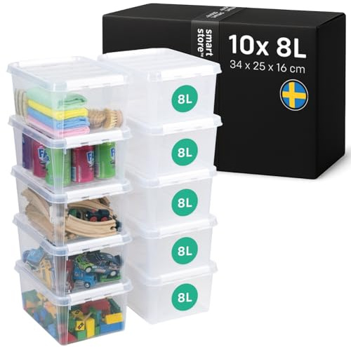 SmartStore 8 L x10-st - Förvaringslådor i plast med lock - 10 års garanti - livsmedelssäker - clips - stapelbara- BPA-fri L34 x B25 x H16 cm