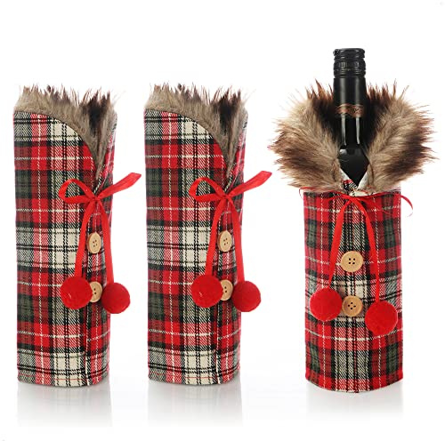 com-four® 3x Weinflaschen-Flaschenüberzug, Flaschenbeutel | Flaschen-Dekoration für den Weihnachtstisch - karierter Flaschenpullover als Geschenkverpackung