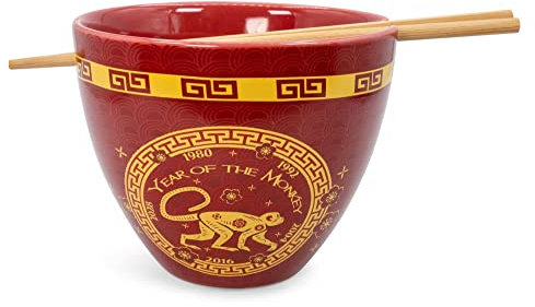 Boom Trendz Year of The Monkey Chinese Zodiac Ceramic Dinnerware Set | Includes 16-Ounce Ramen Noodle Bowl and Wooden Chopsticks | Asian Food Dish Set for Home & Kitchen | Kawaii Lunar New Year Gifts