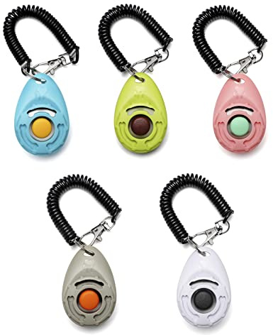 Toozey Clicker - Clicker para Perros, 5 Unidades, con Correa de Mano, botón Grande, 5 Colores, Libro electrónico Gratuito (Blanco + Gris + Rosa + Azul + Verde)