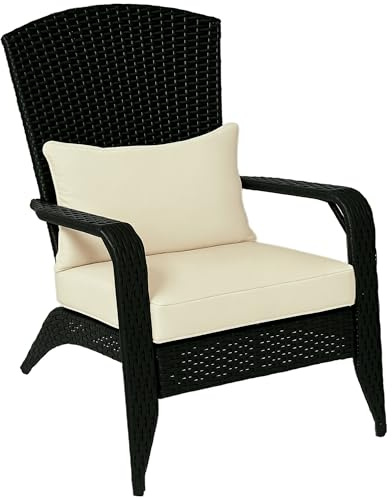 Outsunny Patio Wicker Adirondack Chair, Outdoor All-Weather Rattan Fire Pit Chair with Soft Cushions, Tall Curved Backrest and Comfortable Armrests for Deck or Garden, Deep Brown/Cream White