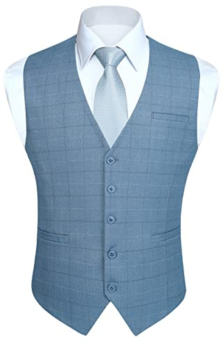 HISDERN Chaleco de traje Azul Claro para hombre Chaleco traje hombre algodón a cuadros de vestir de fiesta de boda M