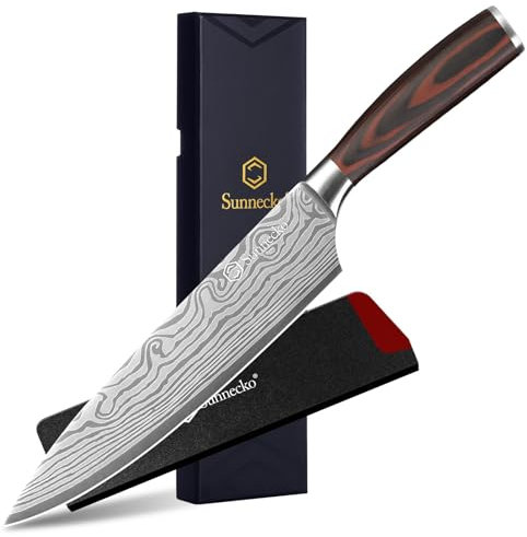Sunnecko Coltelli da Cucina Chef Professionali 20cm, Coltello Cucina Giapponese con Fodero per Verdure Carne, in Acciaio Inossidabile Laser Manico in Pakkawood