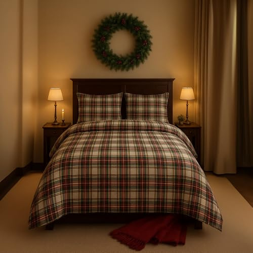 INTRECCI Completo Lenzuola Matrimoniale Scozzese Bianco, Set Lenzuola e Federe in Puro Cotone Fantasia Tartan per Letto 2 Piazze