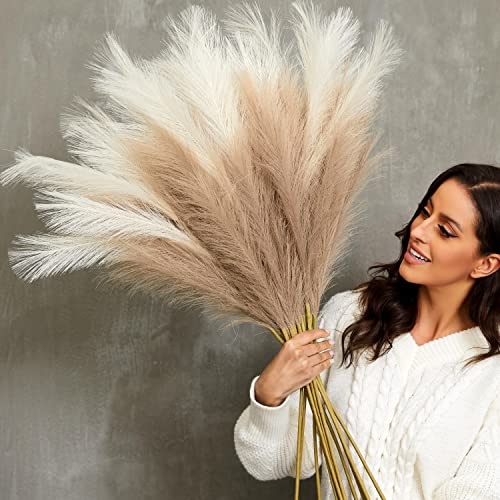 QUBITFUL Faux Pampas Grass, 9 PCS 37''/3.1FT Tall Fluffy Fake Pompas Floral, Large Artificial Pompous Grass Branches for Floor Vase Fillers, Boho Farmhouse Room Wedding Decor (Mixed Color)