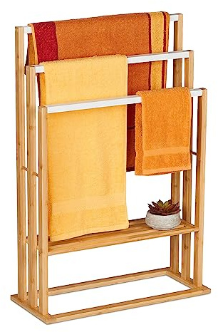 Relaxdays Porte-Serviettes, en Bambou, 3 Barres, étagère, H x L x P : 82 x 55 x 24 cm, Salle de Bain, Nature et Blanc