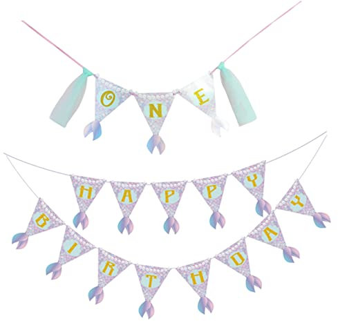 Abaodam 2stücke Teiliges Meerjungfrau Banner Happy Birthday One Dekoration Für Und Erste Geburtstagsfeier Hochwertige Jute Mit Blauer Schleife Für Kinderzimmer Und Partys