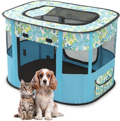 ALLSOPETS Parc à Chien Pliable pour Chiots et Chats, Fleurs Bleues, L | Enclos Chat Intérieur avec Maille Respirante, Cage pour Chien Portable pour Chiots, Chats, Lapins, Usage Intérieur Extérieur