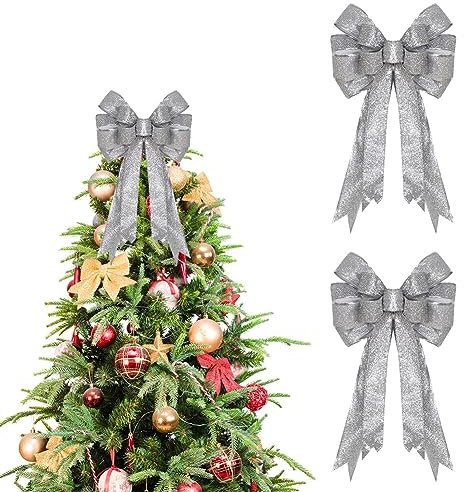 ISAKEN 2 Stück Weihnachtsschleifen Glitzernde Weihnachtsbaum Schleifen Weihnachten Deko Kranz Bogen Ornamente Weihnachtsbaumschmuck Hängende Dekoration für Weihnachten, Erntedankfest, Geburtstag