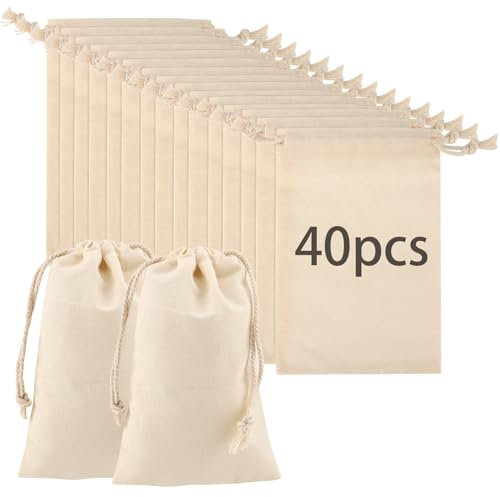 PINGEUI 40 Pack Natural Cotton Muslin Bags, 10 x 15cm Mini Drawstring Cotton Gift Bags, Burlap Drawstring Bag for Wedding, Party, Festival, Decorating