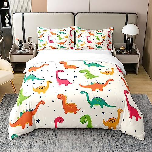 Homewish Parure de Lit 200x200 Cotton Enfant Dinosaure Mignon, Housse de Couette Imprimée Animal Cartoon, Cadeau pour Chambre des Garçons Filles Tout-Petits, Ensemble de Literie Joli Dinosaure