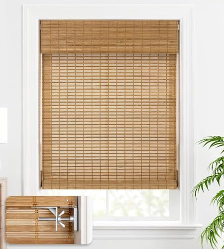 LazBlinds No Tools No Drill Bamboo Roller Shades, Custom Size Cordless Blinds, Custom Light Filtering Bamboo Roll Up Blinds for Windows, Wood Window Blinds - Squirrel