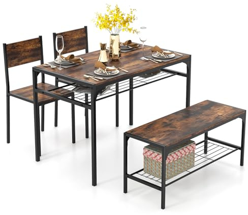 COSTWAY Esstisch Set 4-teilig, Küchentisch mit 2 Stühlen & 1 Bank & Regal, Essgruppe Sitzgruppe Industrie, Esszimmertisch Metallrahmen, Bartisch Set für Küche & Esszimmer (Kaffee)