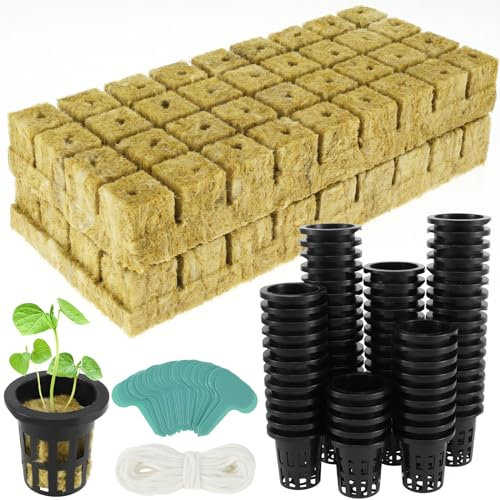 HAIJED 72 Sets Mineral Wool Cubes and Net Pots, Cube Soilless Culture Medium for Hydroponic Seedling Cultivation,1.5inch Mineral Wool Planting Cubes with 72 Net Cups 30 Label for Home Balcony