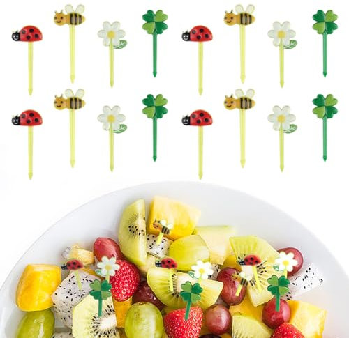 24 Stück Piekser Fingerfood, Obstgabeln, Bento Box Piekser Kinder, Obstspieße, Spieße für Brotbox, Mini Sonnenblume Marienkäfer Food Picks für Desserts Obst Mittagessen Party