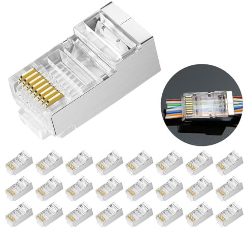 Hugwait 25 connettori RJ45 CAT6/CAT5/CAT5E, 1 Gbps, connettore schermato RJ45 8P8C, connettore senza attrezzi per trasmissione dati ad alta velocità Ethernet