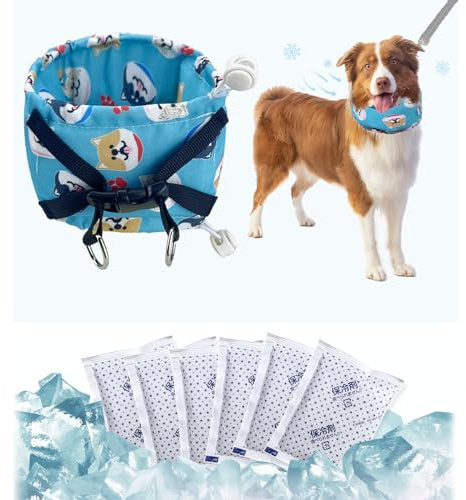 KUDES Dog Cooling Collar Harness with Recyclable Ice Packs, Pet Adjustable Ice Chill Out Bandana Collar Neck Cooler Wrap for Small Medium Large Dogs Summer (M(for Medium and Large Dogs), Blue Dogs)