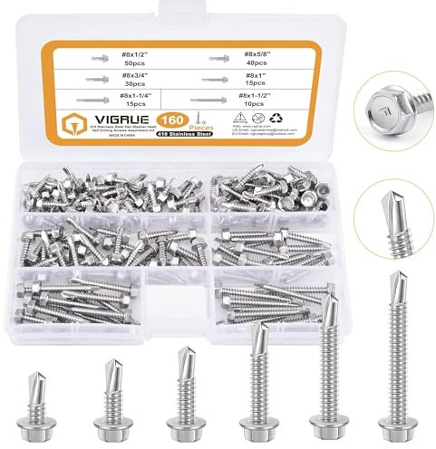 VIGRUE 160 Stück Selbstschneidende Schrauben 410 Edelstahl Bohrschrauben Blechschrauben M4.2 Sechskantscheibenkopf 6 Größen Selbstbohrender Schraubensatz für Metall Holz Möbel Elektrogeräte Produkte