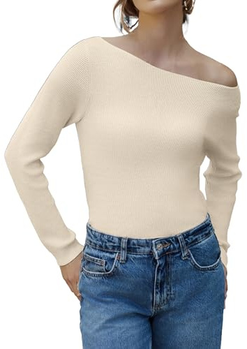 Zeagoo Pullover Damen Elegant Off Shoulder Strickpullover Langarm Gestrickt Pulli Sexy Slim Fit Strickpulli Herbst Winter Sweater Beige L