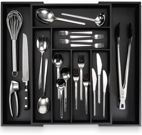 budu Besticklåda #50 (djup 50 cm) av bambu – svart – lådor organisationssystem för köket – besticklåda för lådor av bambu – utdragbar – köksförvaring organisatör