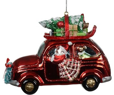 Christbaumschmuck Auto Glas 9,5cm - Figur zum Aufhängen - mundgeblasen & mit Glitzer - Weihnachtsbaum Anhänger für Weihnachten - Christbaumanhänger & Weihnachtsbaumschmuck - Fahrzeug Automobil Rot