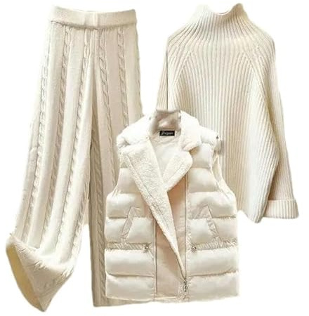 BoShiNuo Warme Winter-Strickwaren-Sets für Damen-Outfits, eleganter Rollkragenpullover + gepolsterte Lammweste + gestrickte Hosen-Sets