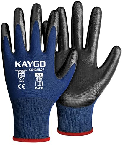 KAYGO Arbeitshandschuhe Nitril beschichtet, 12 Paar, KG12N | Flexibel Schutzhandschuhe mit gutem Grip für Herren Damen, ideal für Arbeit Bau Lager Auto Garten DIY (Blau, S, Gr 7)