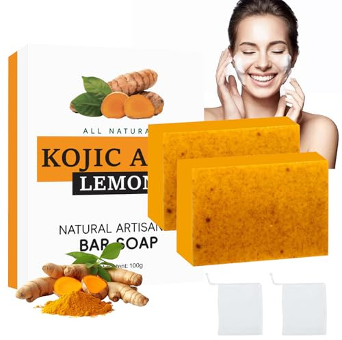 2 Stück Kurkuma Seife, Vegane Duschseife Kojic Acid Soap für Gesicht und Körper, Kojisäure Seifenstück für Entfernen Dunkler Flecken Gleicht den Hautton Saubere Haut Schmutz