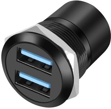 XMSJSIY USB 3.0 Panel Threaded Fixed Mount Adapter Dual USB Type-A Panel Mount Socket Female to Female with Anti-loosening Gasket 2-Port USB A Through Connector for Data Transfer/Charging (Round)
