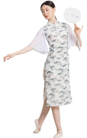 ROYAL SMEELA Mandarin-Kragen Cheongsam Für Damen Schlitz Masche Qipao Lotus Blatt Ärmel Qipao Kleid Chinesisches Cheongsam Kleid Sexy Cheongsam Frauen China Traditionell Cheongsam Qipao Kleider Weiß