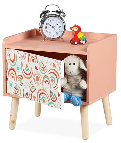 Relaxdays Nachttisch Kinder, mit Staufach, HBT: 41 x 40 x 30 cm, Kinderzimmer, Kinderkommode Regenbogen, Holz, MDF, bunt, Rainbows