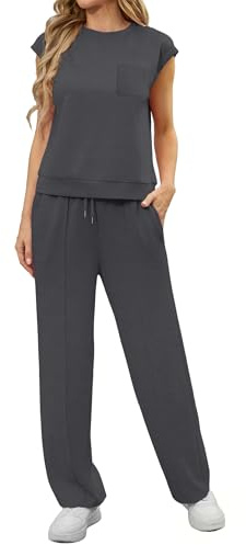 GRECERELLE Set due pezzi da donna, tuta estiva a maniche corte, set completo lounge wear, casual, girocollo, top a maniche ad aletta e pantaloni da jogging con tasche, Grigio scuro, M