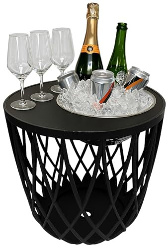 COOTAB COOLER TABLE Runder Beistelltisch Dubai mit Kühlfunktion & herausnehmbarem Edelstahl-Bierkühler | Design Loungetisch für Garten, Terrasse & Balkon | wetterfest & robust | Schwarz