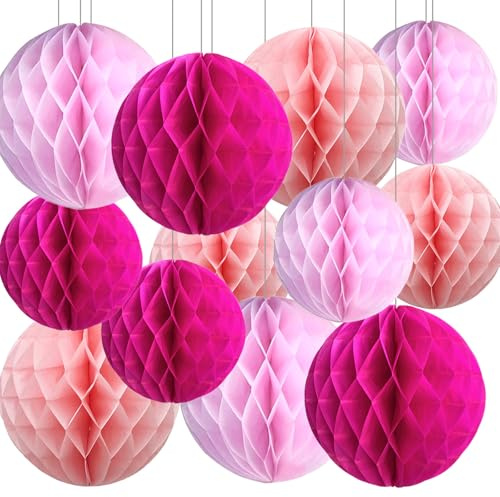 Hot Pink Paper Honeycomb Balls,12 Pack Hanging Tissue Pom Poms for Birthdays,Weddings,Fiesta,Home Party Decoration(Light Pink,Deep Pink,Hot Pink)