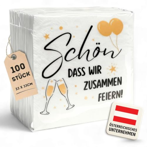 EV® Servietten - 100 Stück, 33 x 33 cm - Festliches Gold-Design mit Spruch [Schön, dass wir zusammen feiern], ideal als Tischdeko für Hochzeit, Geburtstage & Feste