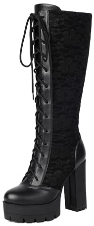BEAUPAS Women's Lace Knee High Platform Boots Chunky Block Heel Gothic Lace-Up Combat Boots(Black,7)