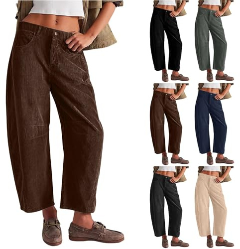 Damen Cordhose Mid Rise Cord Barrel Leg Cropped Hose Stretch Vintage Cord Pants Herbst Winter Casual Baggy Lounge Knöchelhose mit Taschen, braun, XL