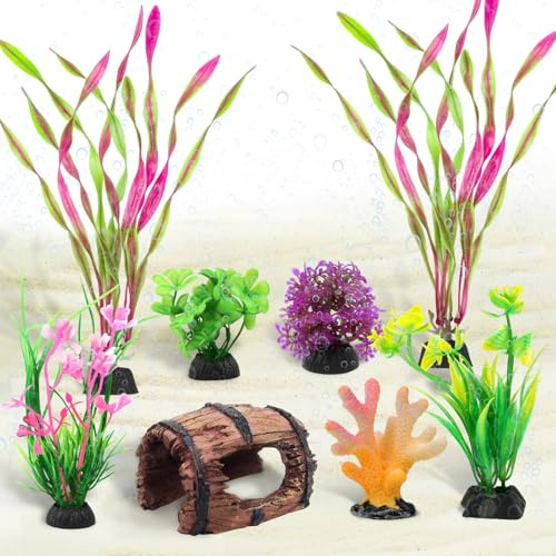 QUOZUO Kleine Fische zerbrochenes Fass Dekor Aquarium Dekorationen Aquarium Zubehör Pflanzen Kunststoff Harz Fass und Koralle Versteck Ornamente Aquarium Dekor Set 8 Stück