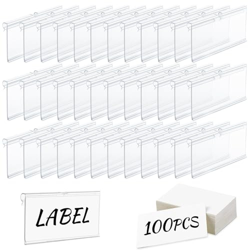 STARVAST 100 Stück Etikettenhalter Kunststoff Transparent inkl. 100 Papiereinlagen - 8 x 4,2 cm Preisschildhalter Regal, Etikettenhalter zum Klemmen für Drahtregale, Körbe & Lager Beschriftung