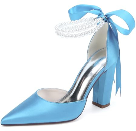 LRMYMHY Zapatos De Novia De Punta Estrecha para Mujer Satén Tacón Grueso Y Correa De Perlas En El Tobillo,Sky Blue,36 EU