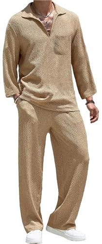 QUNERY Completo Estivo Uomo Jogging Casual per Spiaggia Traspirante Allentato Maglietta a Manica Lunga + Pantaloni Set Uomini Cachi L