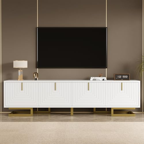 Merax TV-Schrank 160x38x44,5cm, Lowboard mit 4 Türen, TV-Möbel mit goldenen Griffen und Beinen, viel Stauraum, Soft-Close Scharniere, verstellbare Füße, Weiß