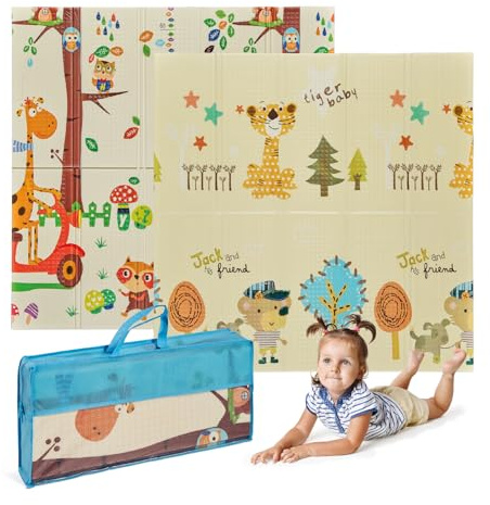 MS BabyWorld - Trendy - Alfombra de Juegos para Bebé 3 tamaños a elegir- Doble Cara, Tapete Muy acolchado (1cm Grosos), Plegable y con Bolsa de transporte (120 * 120, Tigre/Jirafa)