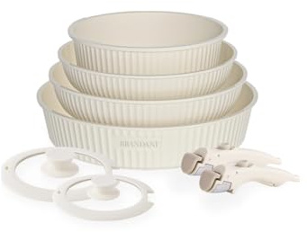 Brandani 80085 Smart Set 8 pz – 4 padelle impilabili in alluminio con 2 manici removibili e 2 coperchi in vetro temperato