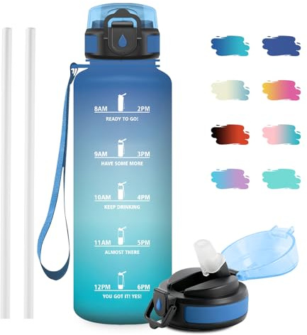 JAPORIA Borraccia 1.5L, senza BPA, Borraccie con Cannuccia, Borraccia Palestra con Indicatore del Tempo, Bottiglia Acqua Riutilizzabile, A Prova di Perdite, Bottiglia per Campeggio, Studenti, Ufficio