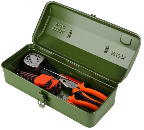 Werkzeugkiste Metall, Werkzeugkoffer Leer, 37x16x12cm Robust Langlebig Metall Werkzeugkasten mit Tragegriff und Verriegelung, Werkzeugaufbewahrungsbox Transportkoffer für Werkzeuge Zubehör (Grün)
