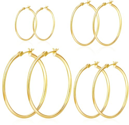 4 Paar Gold Creolen Ohrringe Set 316L Chirurgenstahl Dünne Kreis Kreolen Ohrringe 14 Karat Vergoldet Leichte Groß Hypoallergen Goldene Creolen Für Damen, Frauen Schmuck Geschenke 14/20/30/40mm