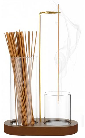 Räucherstäbchen Halter,Umgedrehter Holz Basis Incense Holder Räuchergefäß mit Glas Aschefänger,Abnehmbare Räucherstäbchen Halterung für Meditation,Zen,Yoga Spa,Heimbüro-Dekoration (Braun)